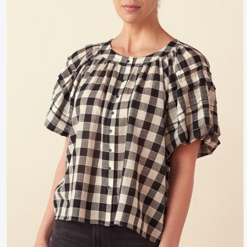 THE GREAT. The Carriage Gingham Puff Sleeve Top Large Cotton Black Ecru Plaid